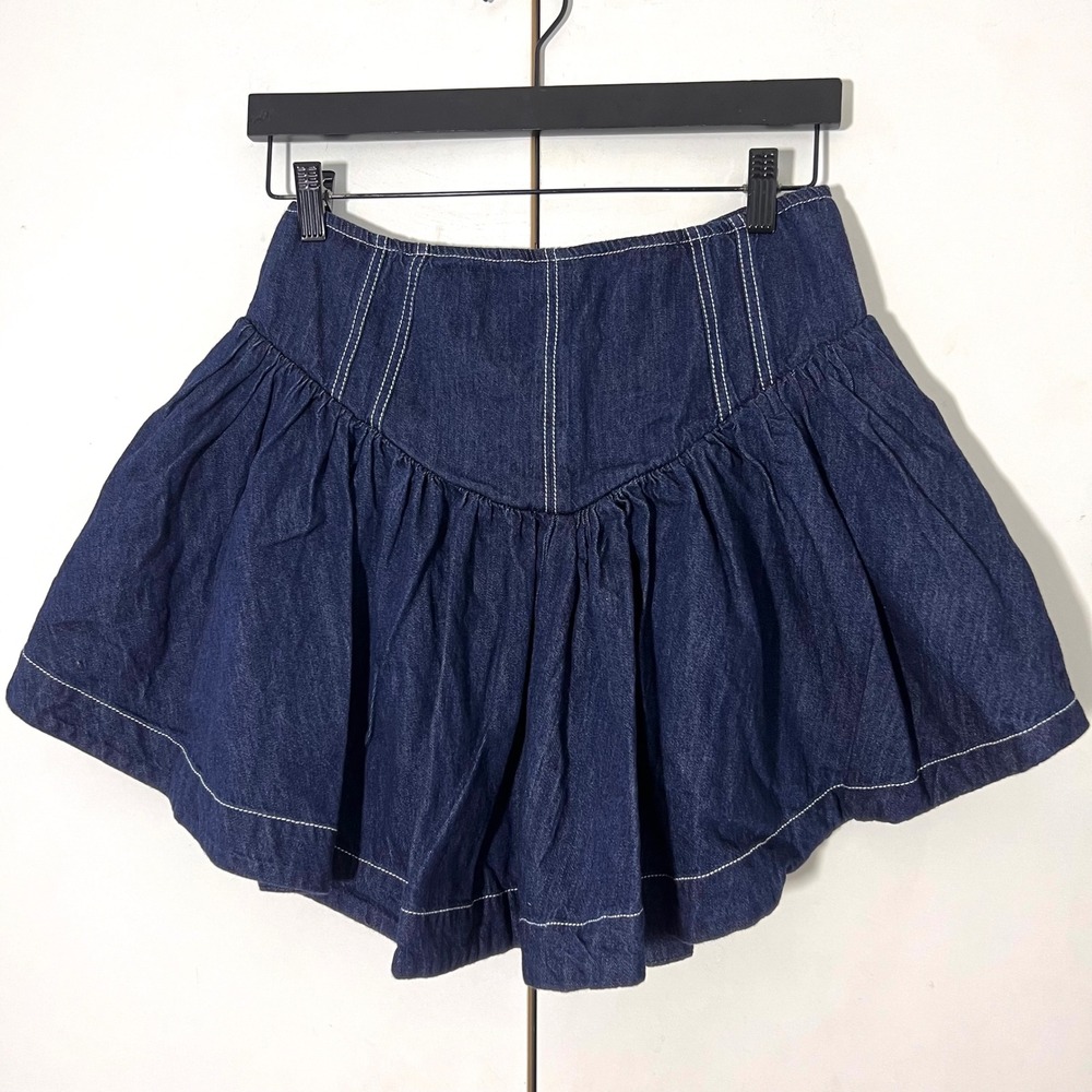 Pilcro Anthropologie Denim Mini Skirt Size‎ S Dark Wash Pleated Western Cowgirl